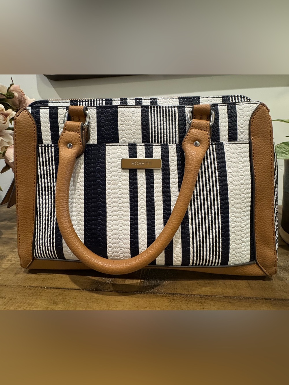 Rosetti Navy & White Striped Satchel Shoulder Bag | Tan Trim | Coastal Preppy
